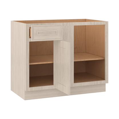 Ivory Elegant Craftsman Shaker BBC42 base cabinet – open angle view, RTA kitchen cabinet