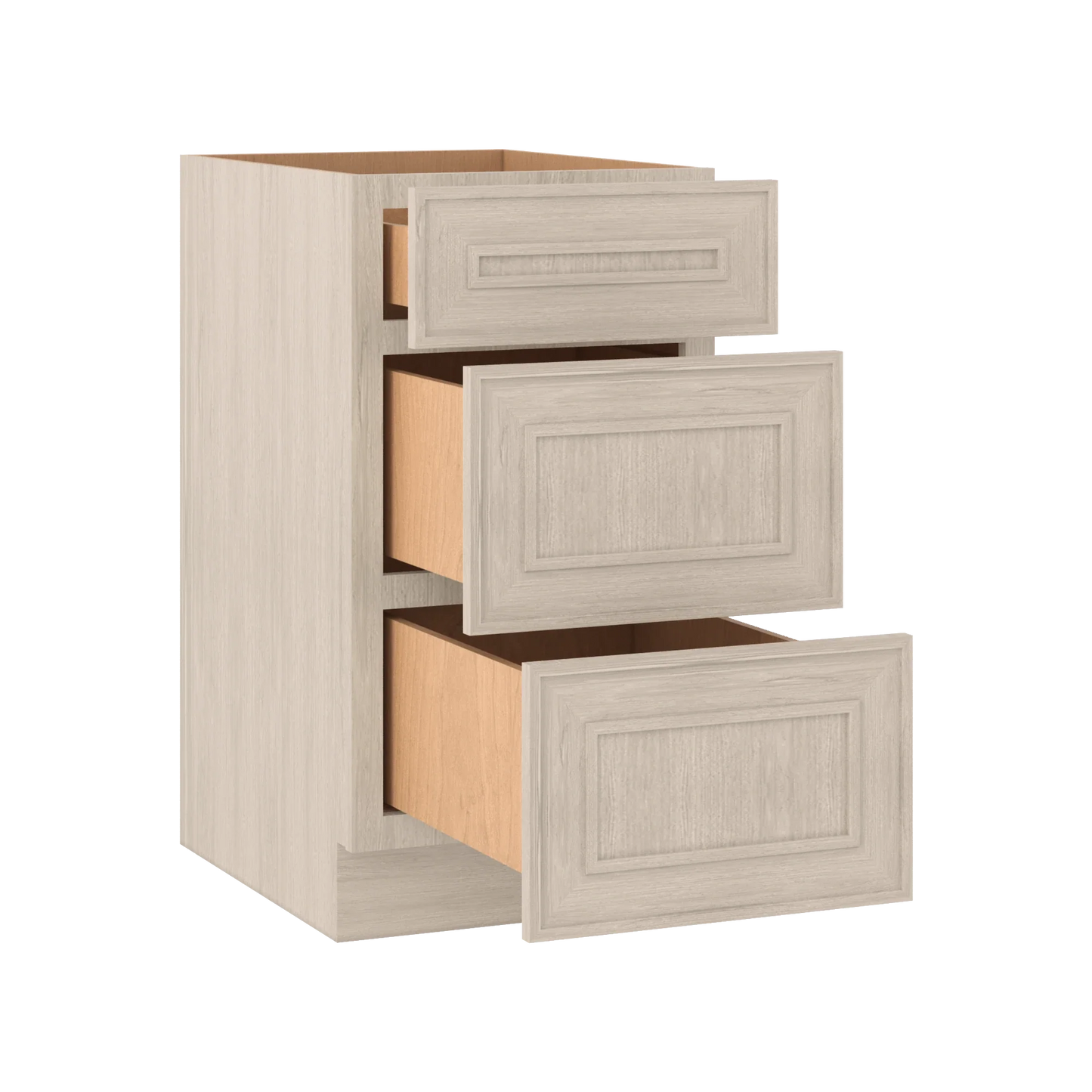 Ivory Elegant Craftsman Shaker DB18 base cabinet – open angle view, RTA kitchen cabinet