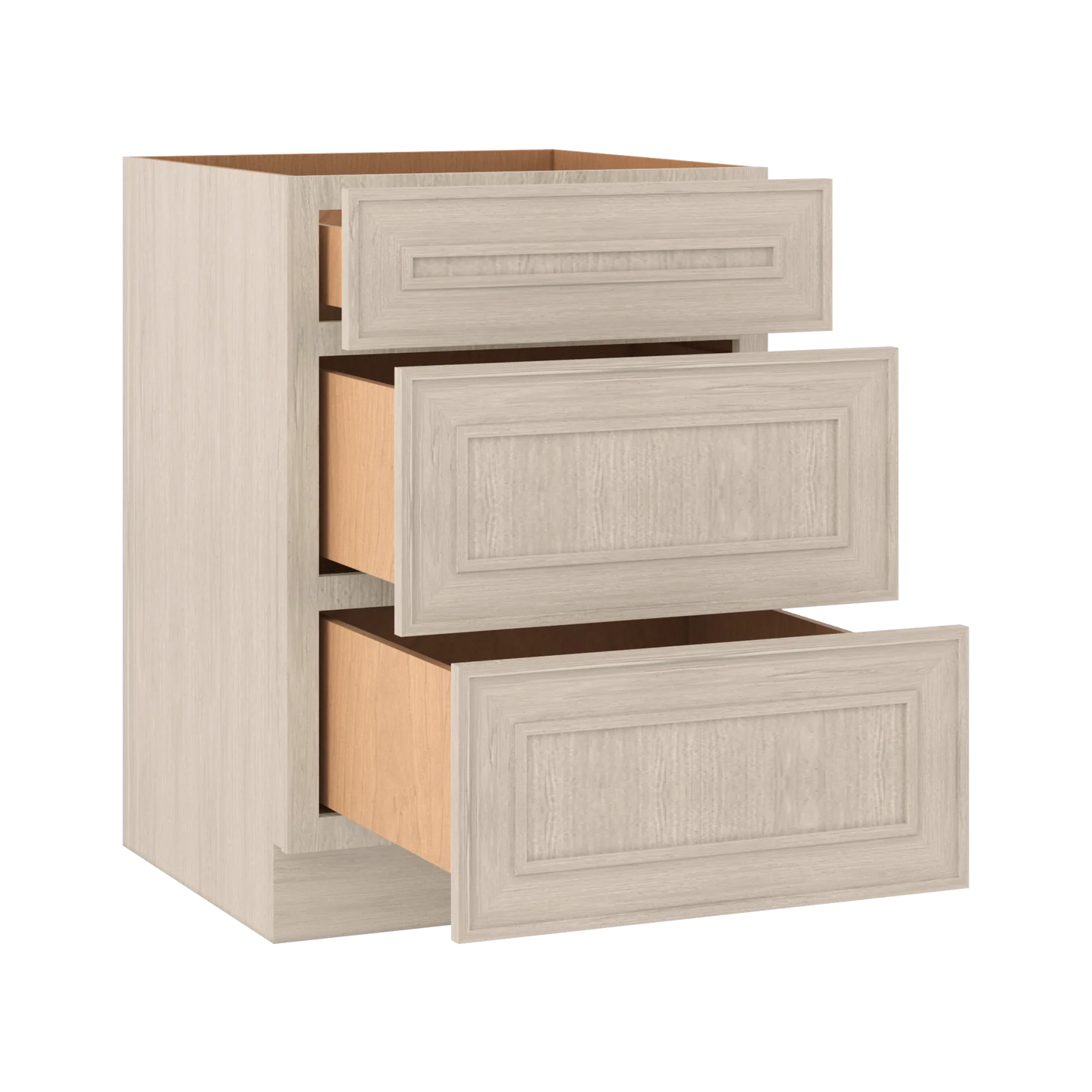 Ivory Elegant Craftsman Shaker DB24 base cabinet – open angle view, RTA kitchen cabinet