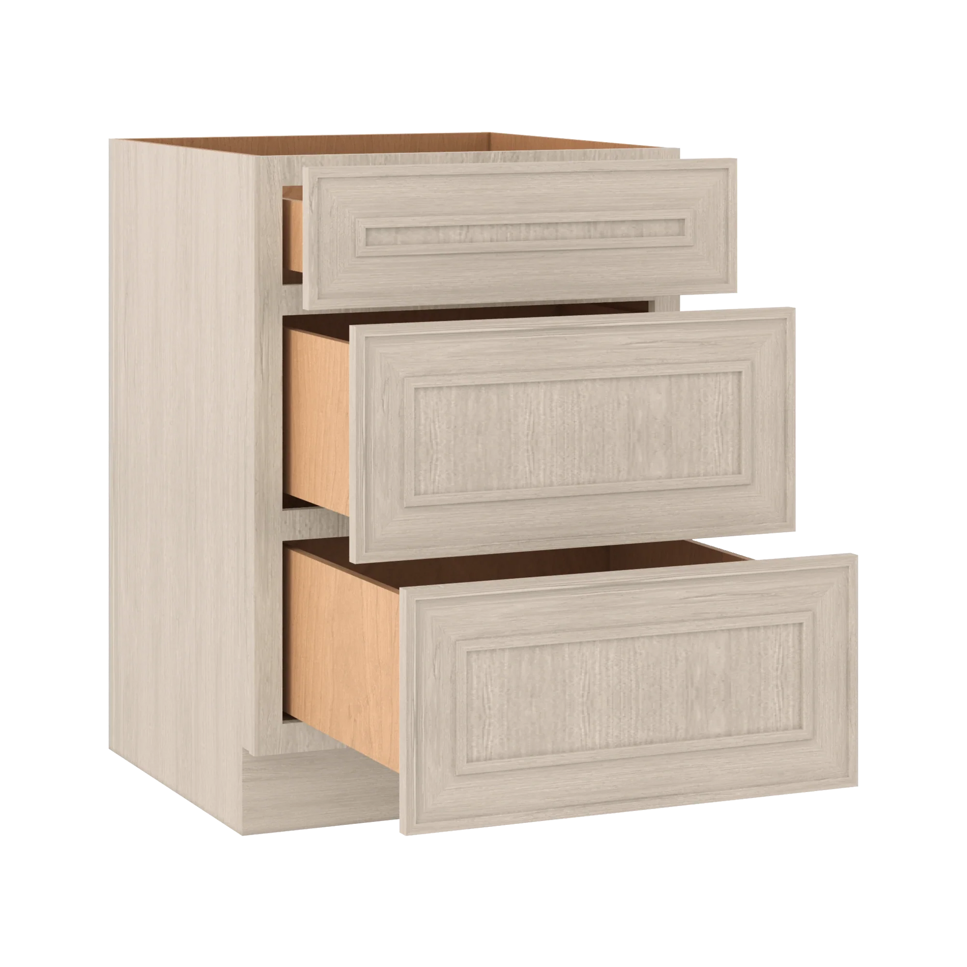 Ivory Elegant Craftsman Shaker DB24 base cabinet – open angle view, RTA kitchen cabinet