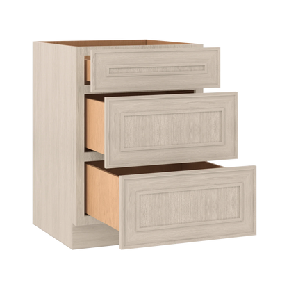 Ivory Elegant Craftsman Shaker DB24 base cabinet – open angle view, RTA kitchen cabinet
