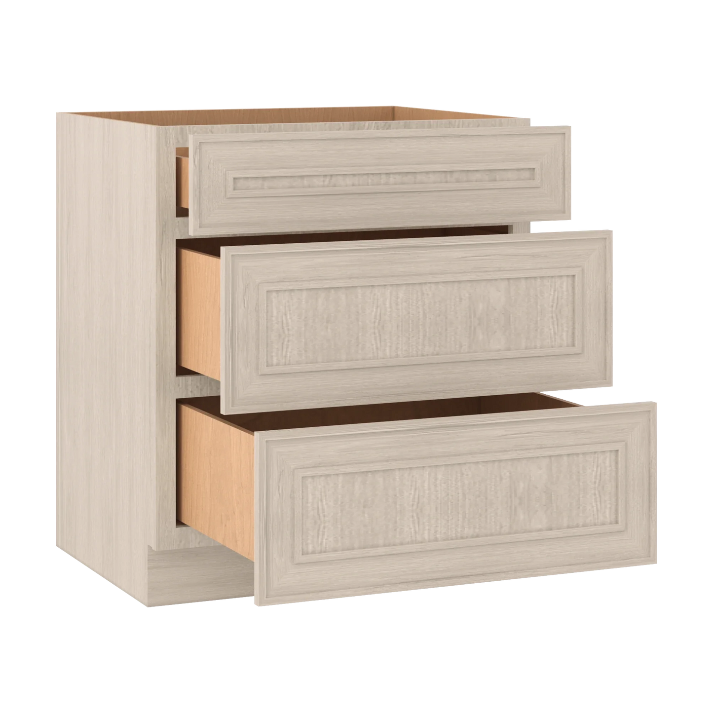Ivory Elegant Craftsman Shaker DB30 base cabinet – open angle view, RTA kitchen cabinet