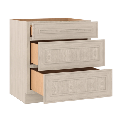 Ivory Elegant Craftsman Shaker DB30 base cabinet – open angle view, RTA kitchen cabinet