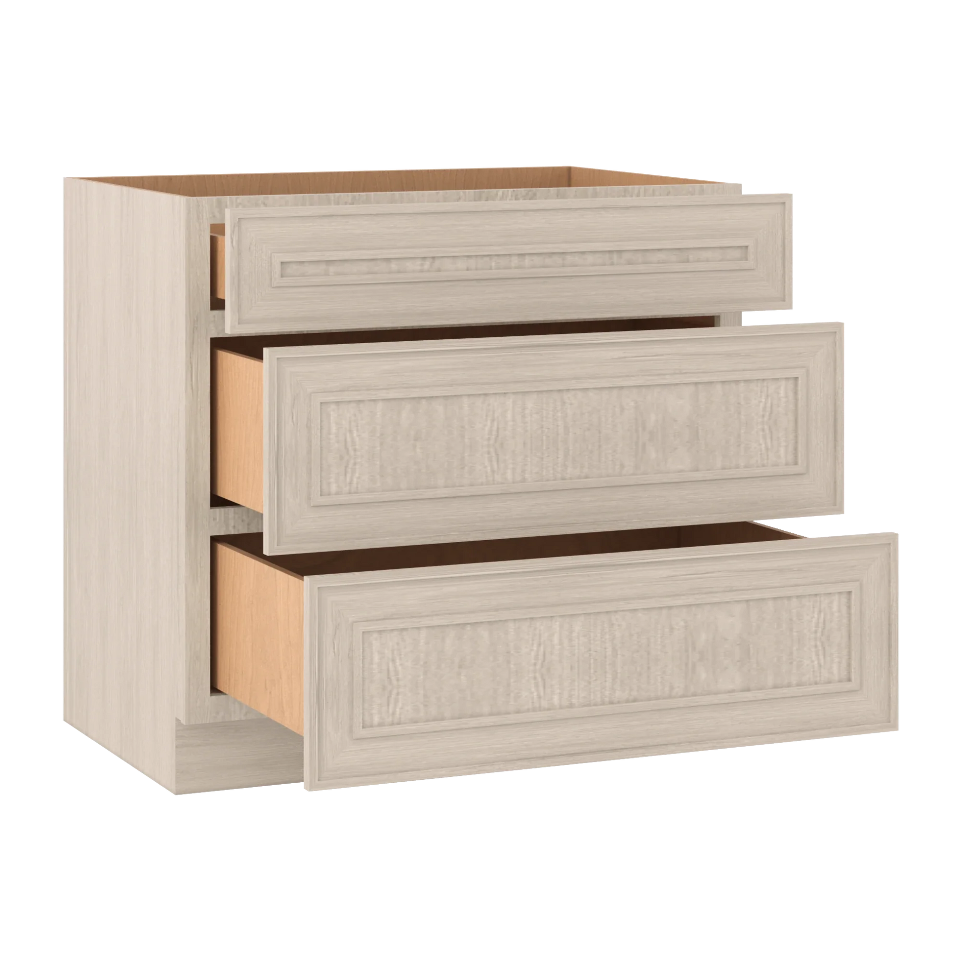 Ivory Elegant Craftsman Shaker DB36 base cabinet – open angle view, RTA kitchen cabinet