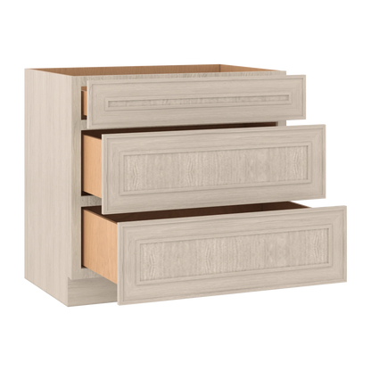 Ivory Elegant Craftsman Shaker DB36 base cabinet – open angle view, RTA kitchen cabinet