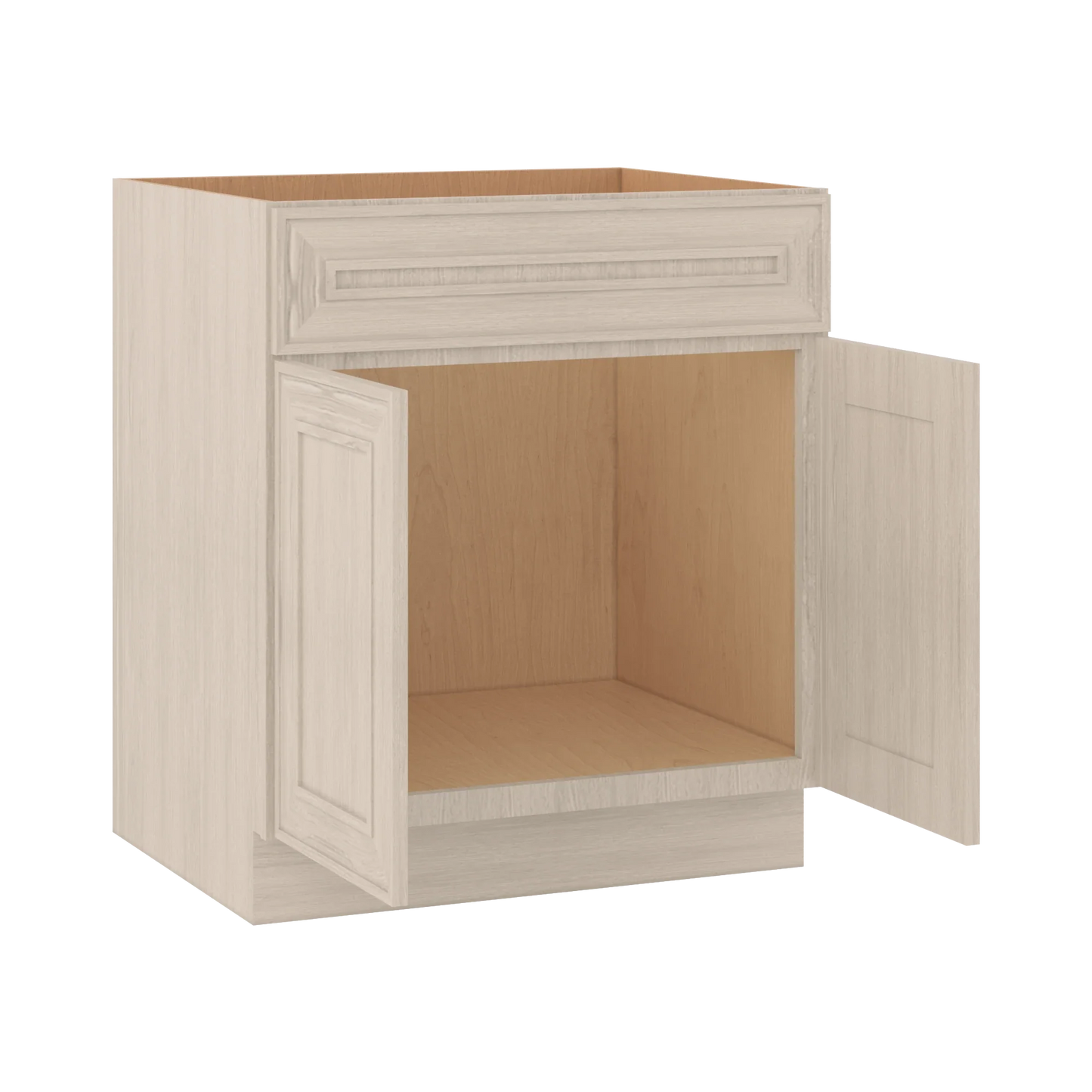 Ivory Elegant Craftsman Shaker SB30 base cabinet – open angle view, RTA kitchen cabinet