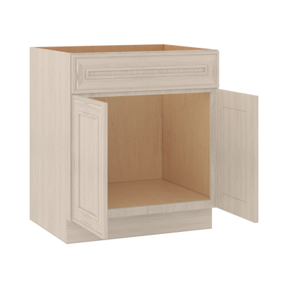 Ivory Elegant Craftsman Shaker SB30 base cabinet – open angle view, RTA kitchen cabinet