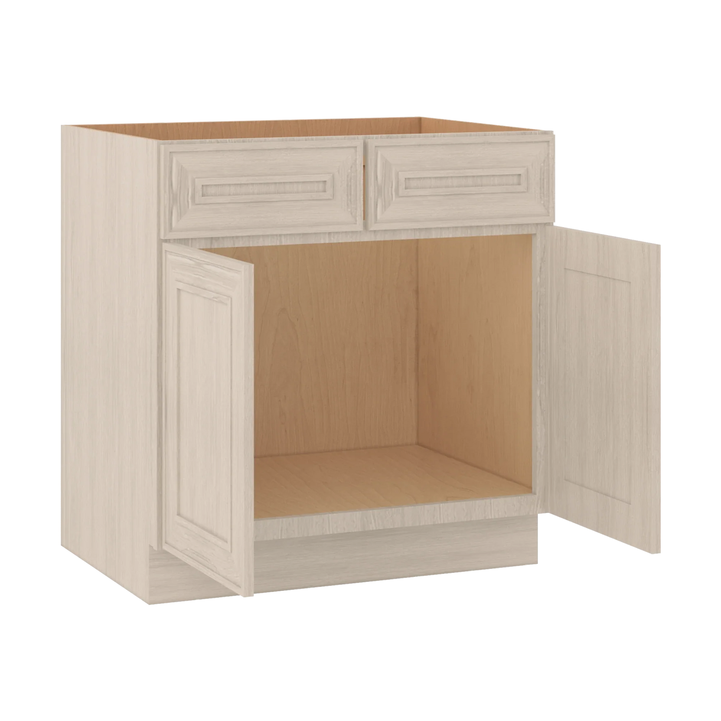 Ivory Elegant Craftsman Shaker SB33 base cabinet – open angle view, RTA kitchen cabinet