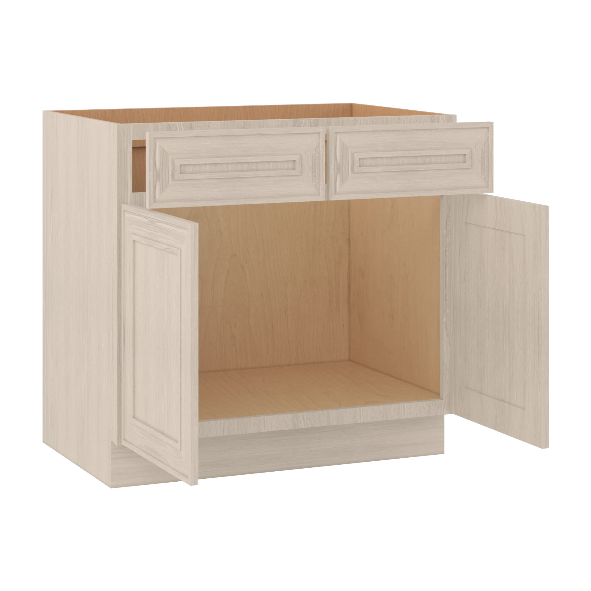 Ivory Elegant Craftsman Shaker SB36 base cabinet – open angle view, RTA kitchen cabinet