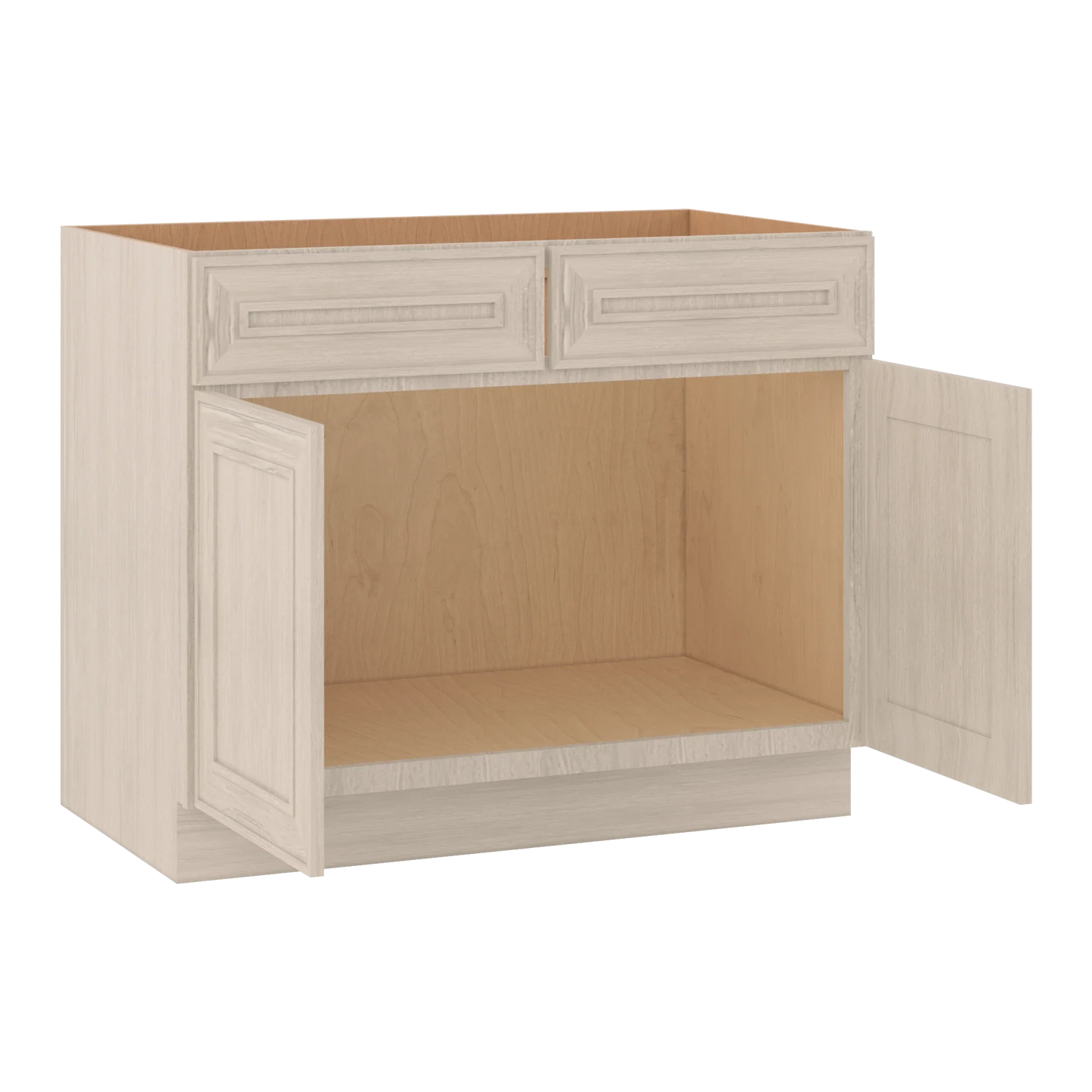 Ivory Elegant Craftsman Shaker SB42 base cabinet – open angle view, RTA kitchen cabinet
