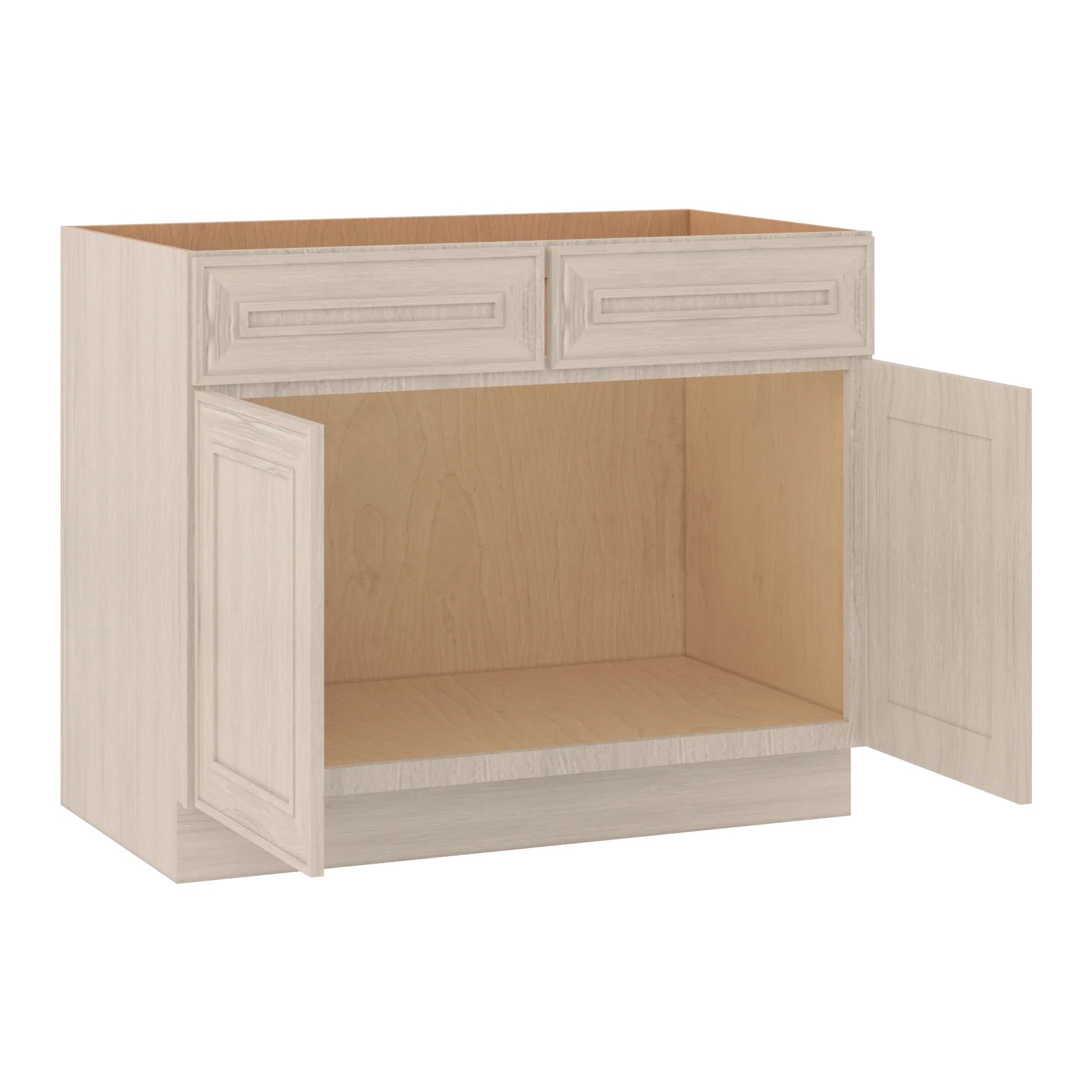 Ivory Elegant Craftsman Shaker SB42 base cabinet – open angle view, RTA kitchen cabinet