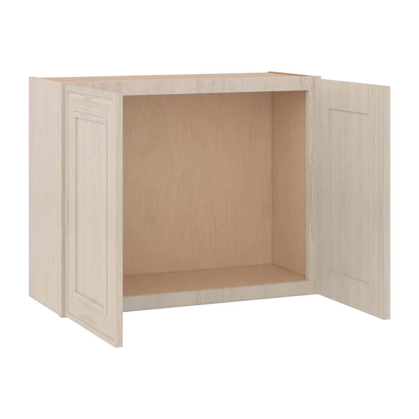 Ivory Elegant Craftsman Shaker W3024 wall cabinet – open angle view, RTA kitchen cabinet