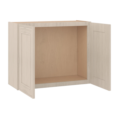 Ivory Elegant Craftsman Shaker W3024 wall cabinet – open angle view, RTA kitchen cabinet