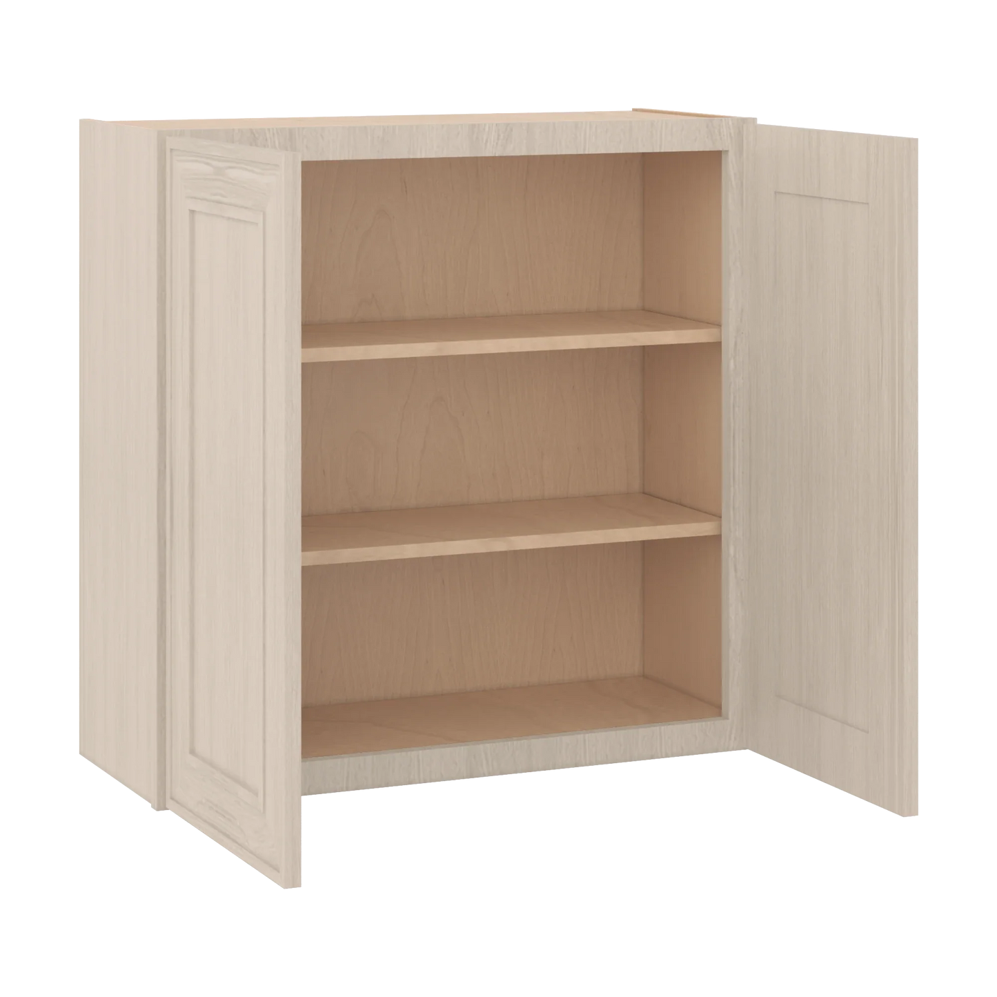 Ivory Elegant Craftsman Shaker W3030 wall cabinet – open angle view, RTA kitchen cabinet