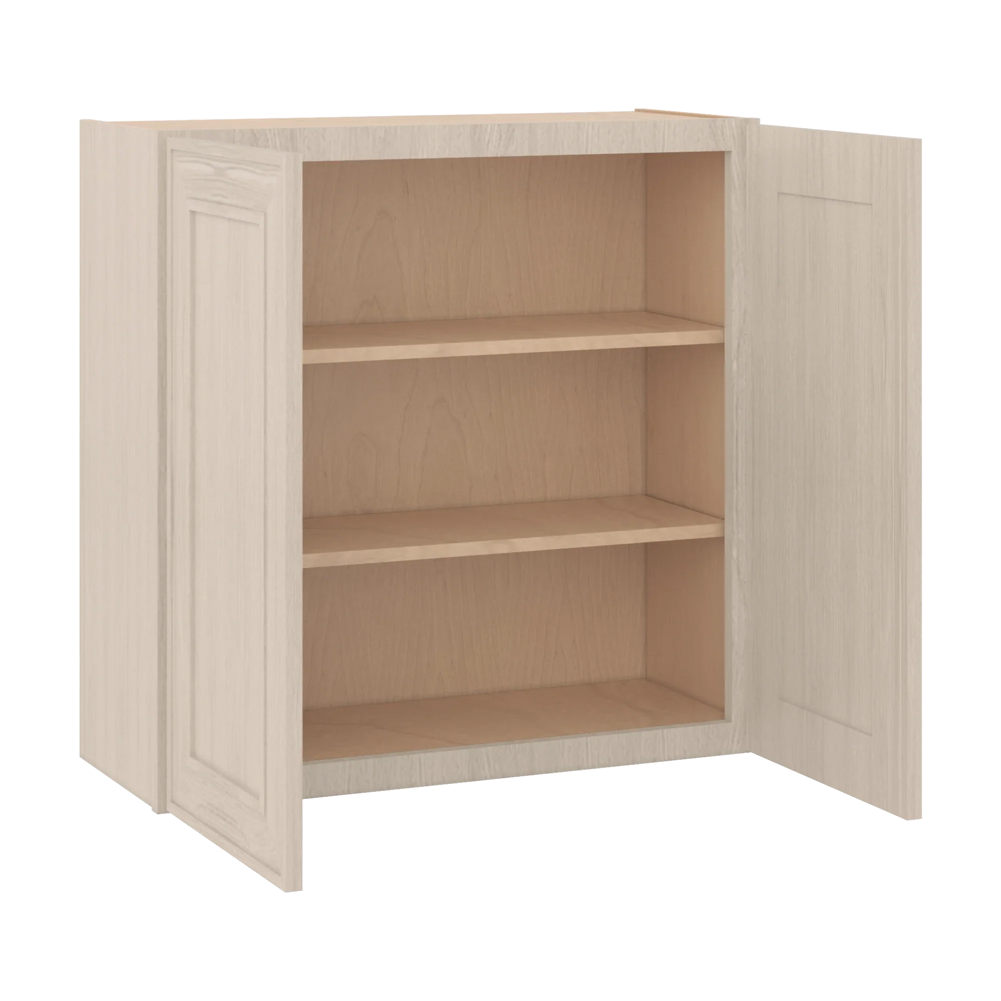 Ivory Elegant Craftsman Shaker W3030 wall cabinet – open angle view, RTA kitchen cabinet