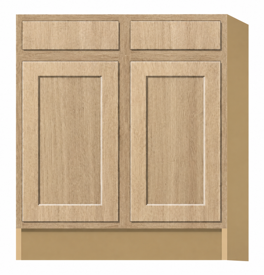 Rift Oak shaker base cabinet with two doors and two drawers in a centered product view.