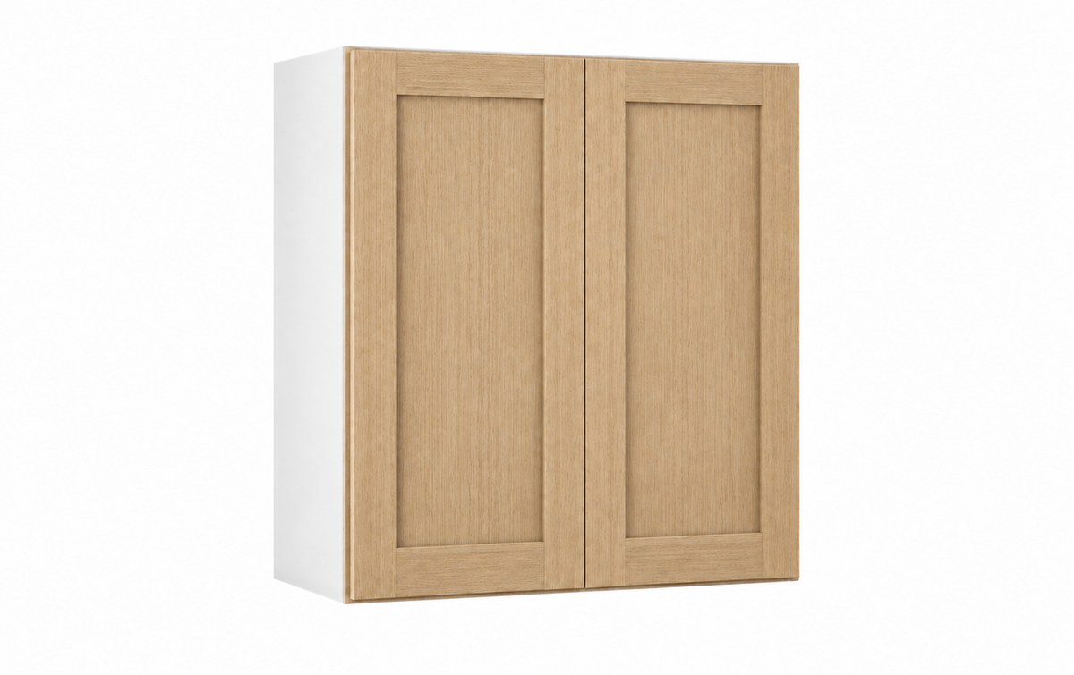 Rift Oak 30-inch-wide two-door stacker wall cabinet, 45 inches tall, with one panel in each door.