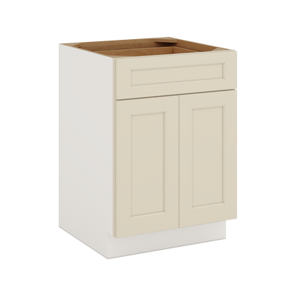 Manhattan Cream 1-1/4 inch overlay shaker base cabinet in satin lacquer finish