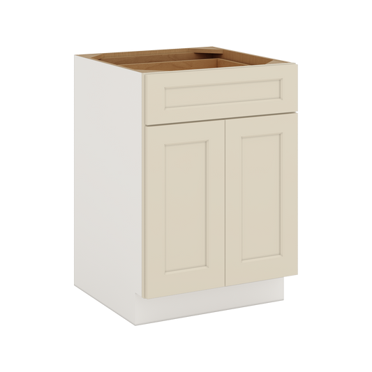 Manhattan Cream 1-1/4 inch overlay shaker base cabinet in satin lacquer finish