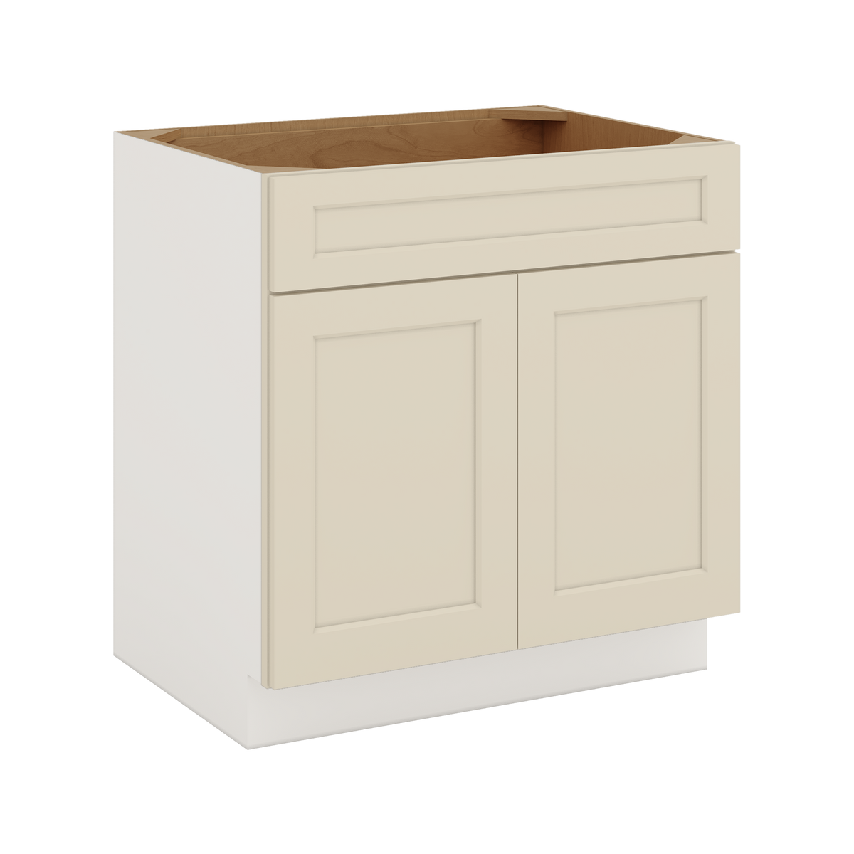 Double bowl undermount sink installed in Manhattan Cream shaker sink base cabinet