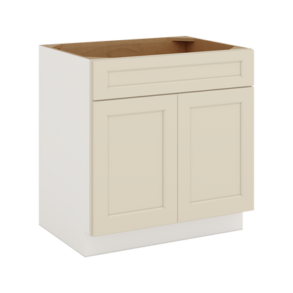 Double bowl undermount sink installed in Manhattan Cream shaker sink base cabinet