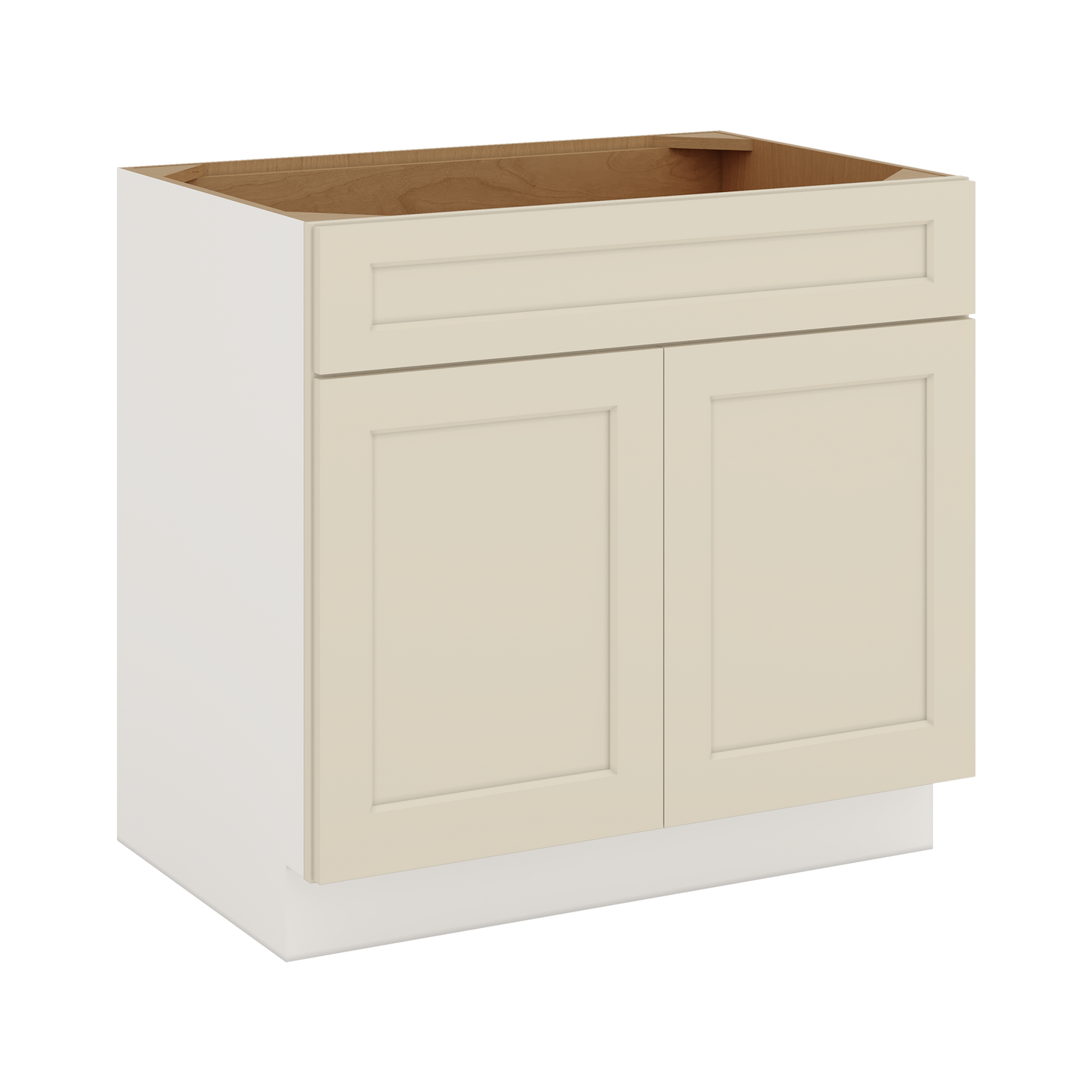 Single bowl undermount sink installed in Manhattan Cream shaker sink base cabinet