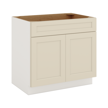 Single bowl undermount sink installed in Manhattan Cream shaker sink base cabinet