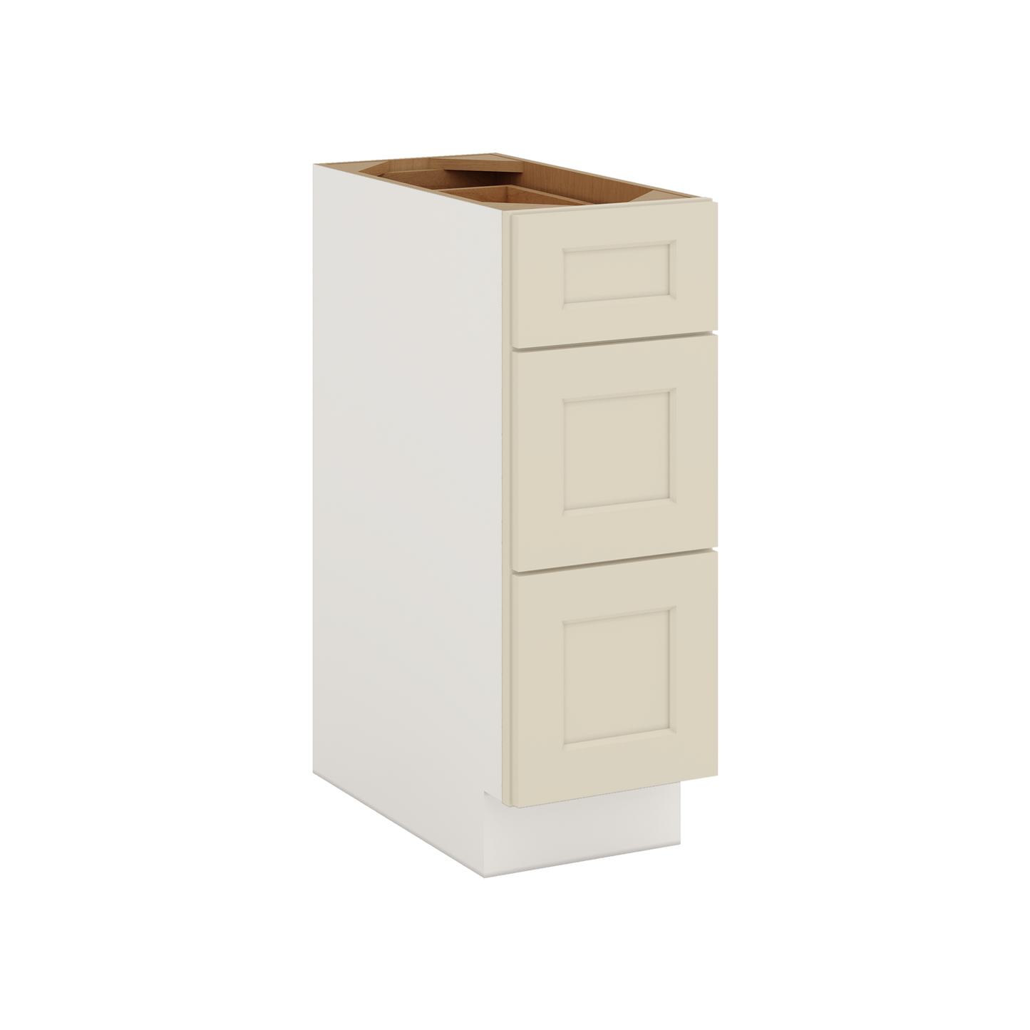 Manhattan Cream 1-1/4 inch overlay shaker three drawer base cabinet in satin lacquer