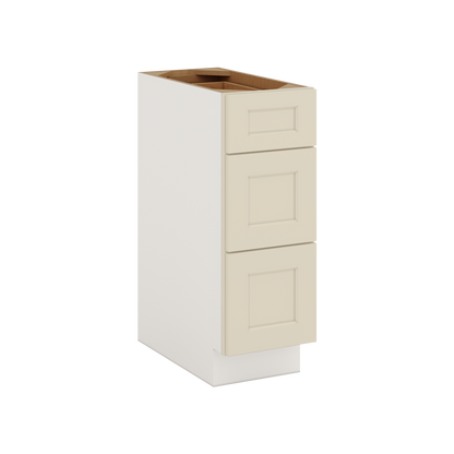 Manhattan Cream 1-1/4 inch overlay shaker three drawer base cabinet in satin lacquer