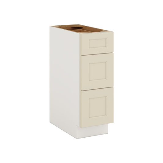 Manhattan Cream 1-1/4 inch overlay shaker three drawer base cabinet in satin lacquer