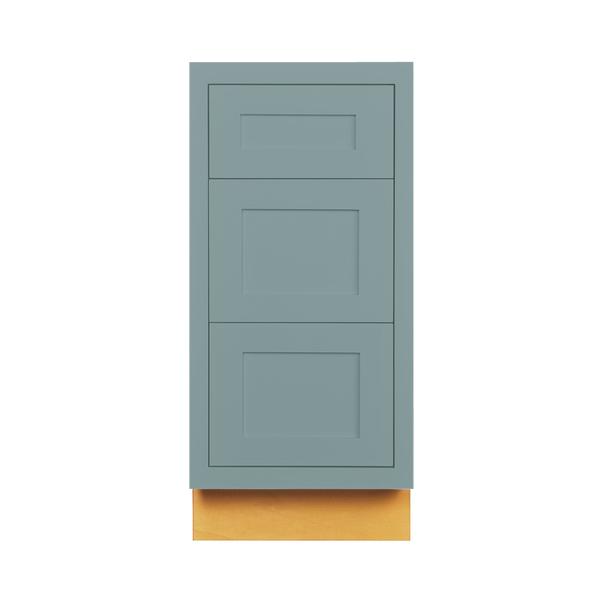 Custom Inset 3 Drawer Base Cabinet in Moody Blue SW 6221, Shaker door, Premium Box