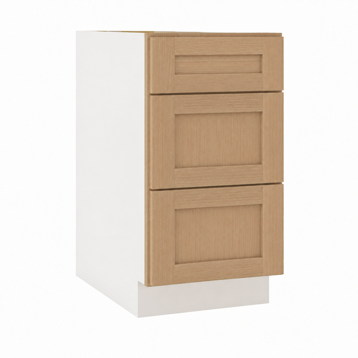 Rift 3 Drawer Base Cabinet in Natural Stain, Shaker door
