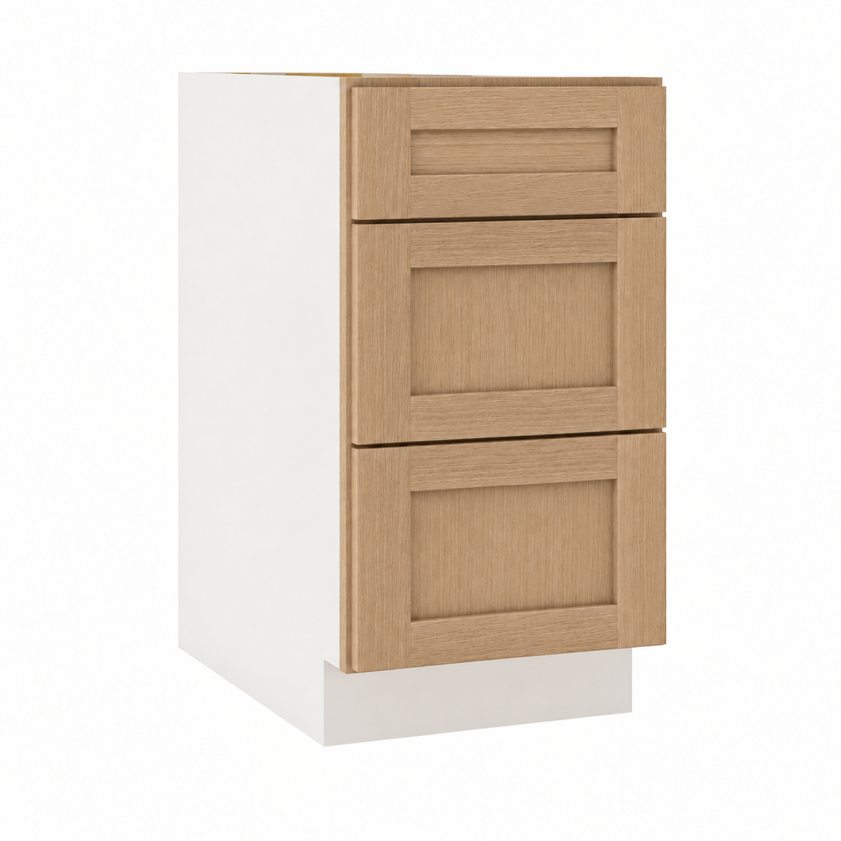 Rift Oak 33-inch three-drawer base cabinet.