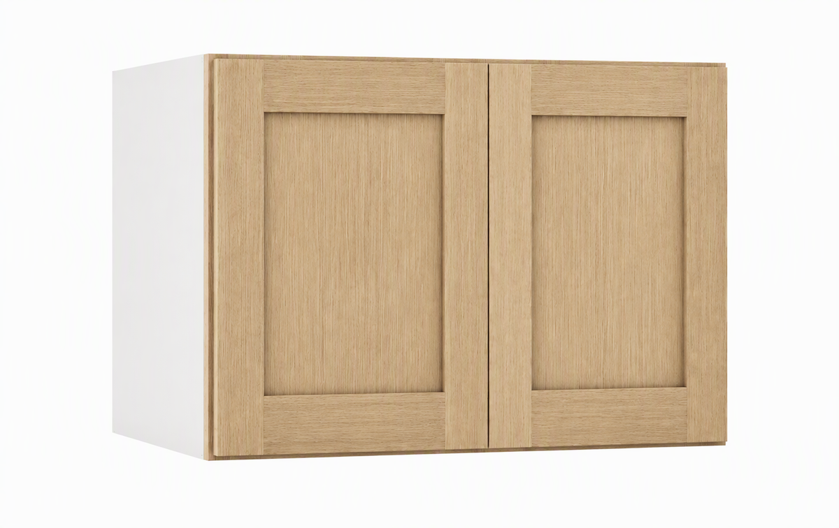 Rift Oak 30-inch-wide double-door stacker wall cabinet, 21 inches tall.