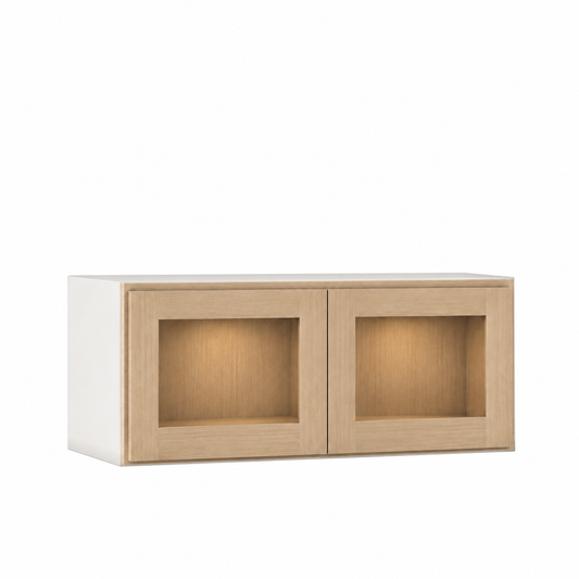 Rift 30" Wide 24 " Deep Glass Ready Stacker Wall Cabinet - Double Door 12"-51" Tall — Rift Oak, bi-parting Shaker doors, no center stile; Glass Ready with matching finished interior; glass not included.