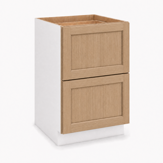 24", 30" & 36" Wide Natural 17ROS - Redondo White Oak Shaker 1-1/4" Overlay 2 Drawer Base Cabinet