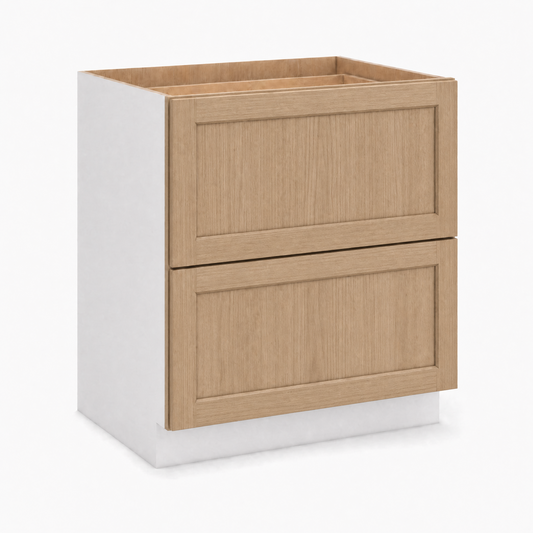 24", 30" & 36" Wide Natural 17ROS - Redondo White Oak Shaker 1-1/4" Overlay 2 Drawer Base Cabinet
