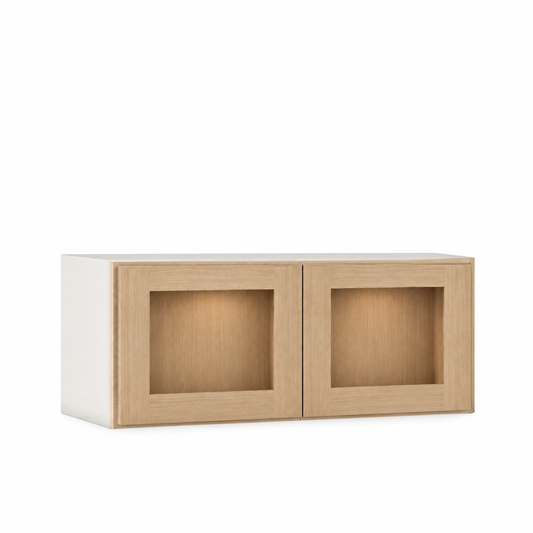 Rift 42" Tall Glass Ready Wall Cabinet - Double Door 24", 27", 30", 33" & 36" Wide — Rift Oak, bi-parting Shaker doors, no center stile; Glass Ready with matching finished interior; glass not included.