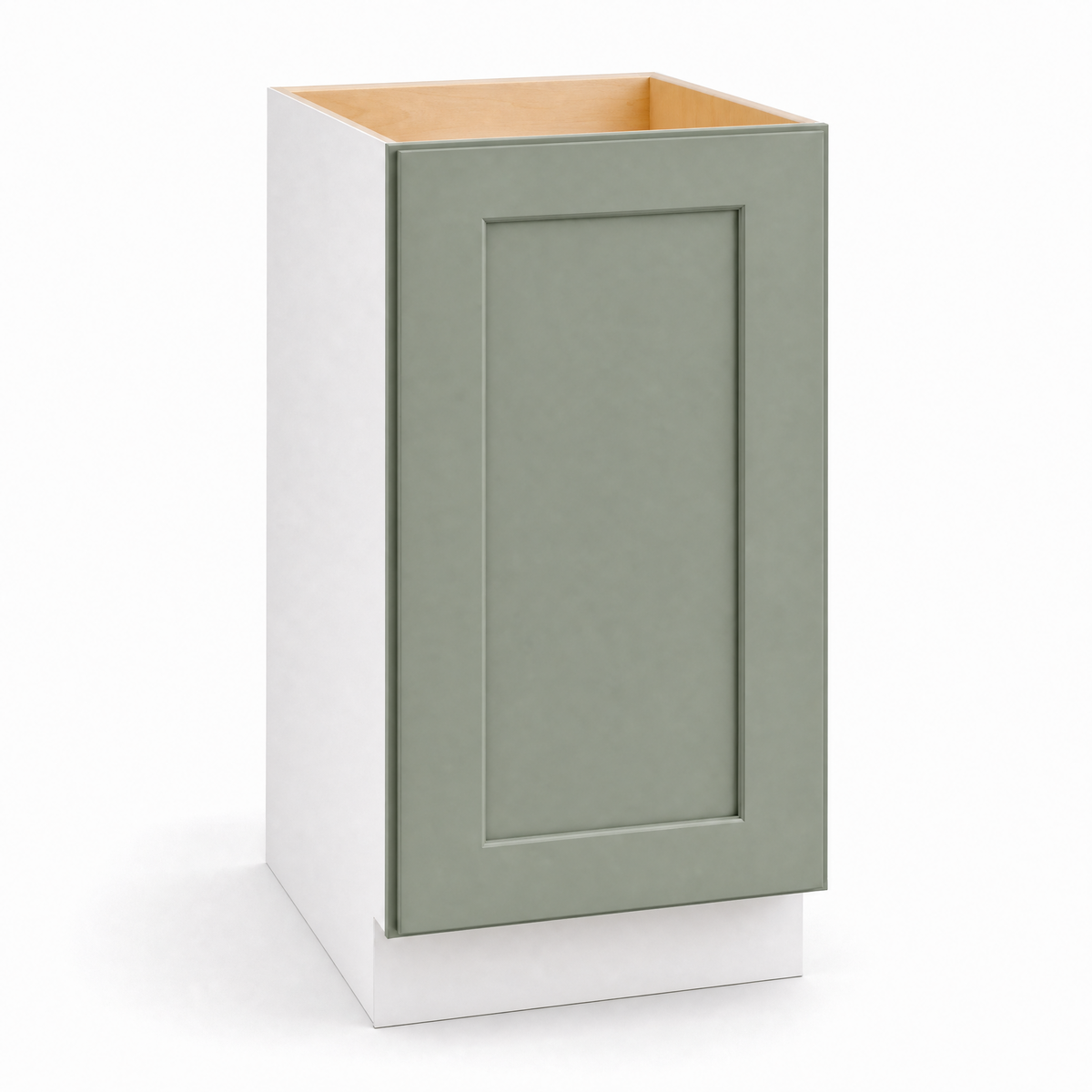 15" and 18" Full Height Wide Trash Can Pull Out Base Cabinet Green Shaker 1-1/4" Overlay