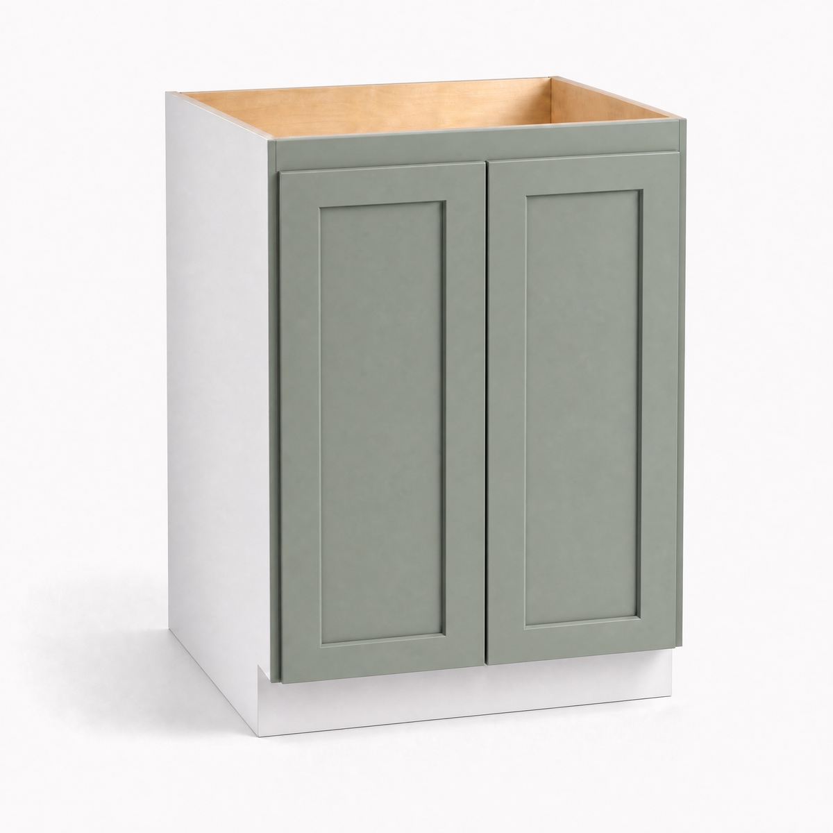 24", 27", 30", 33" & 36" Wide Full Height Door Sage Green Shaker Overlay 1-1/4"  Base Cabinet - Double Door