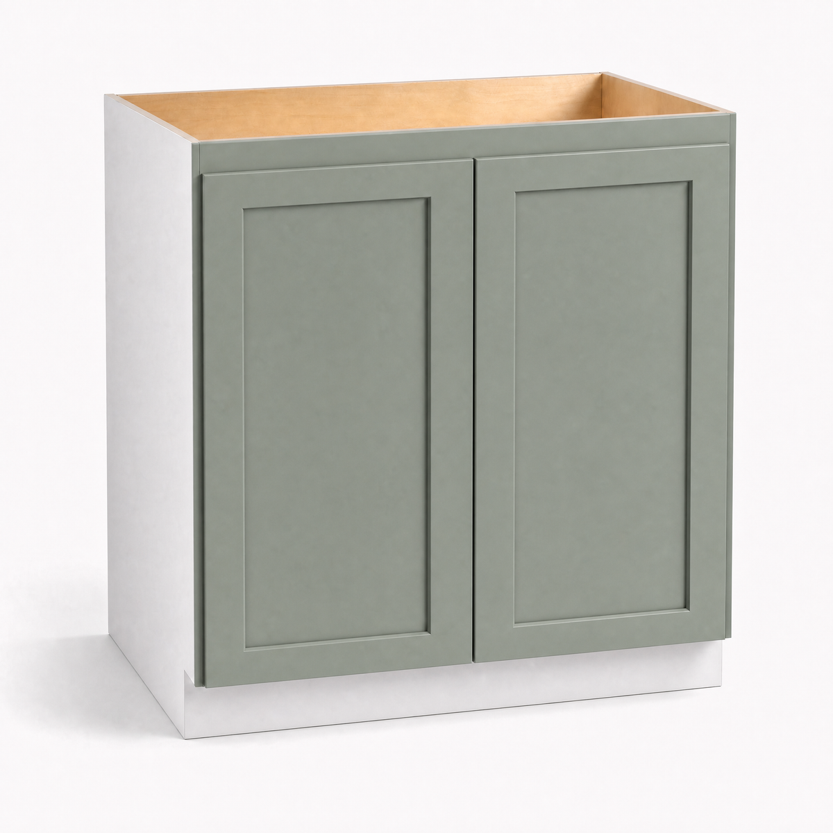 24", 27", 30", 33" & 36" Wide Full Height Door Sage Green Shaker Overlay 1-1/4"  Base Cabinet - Double Door