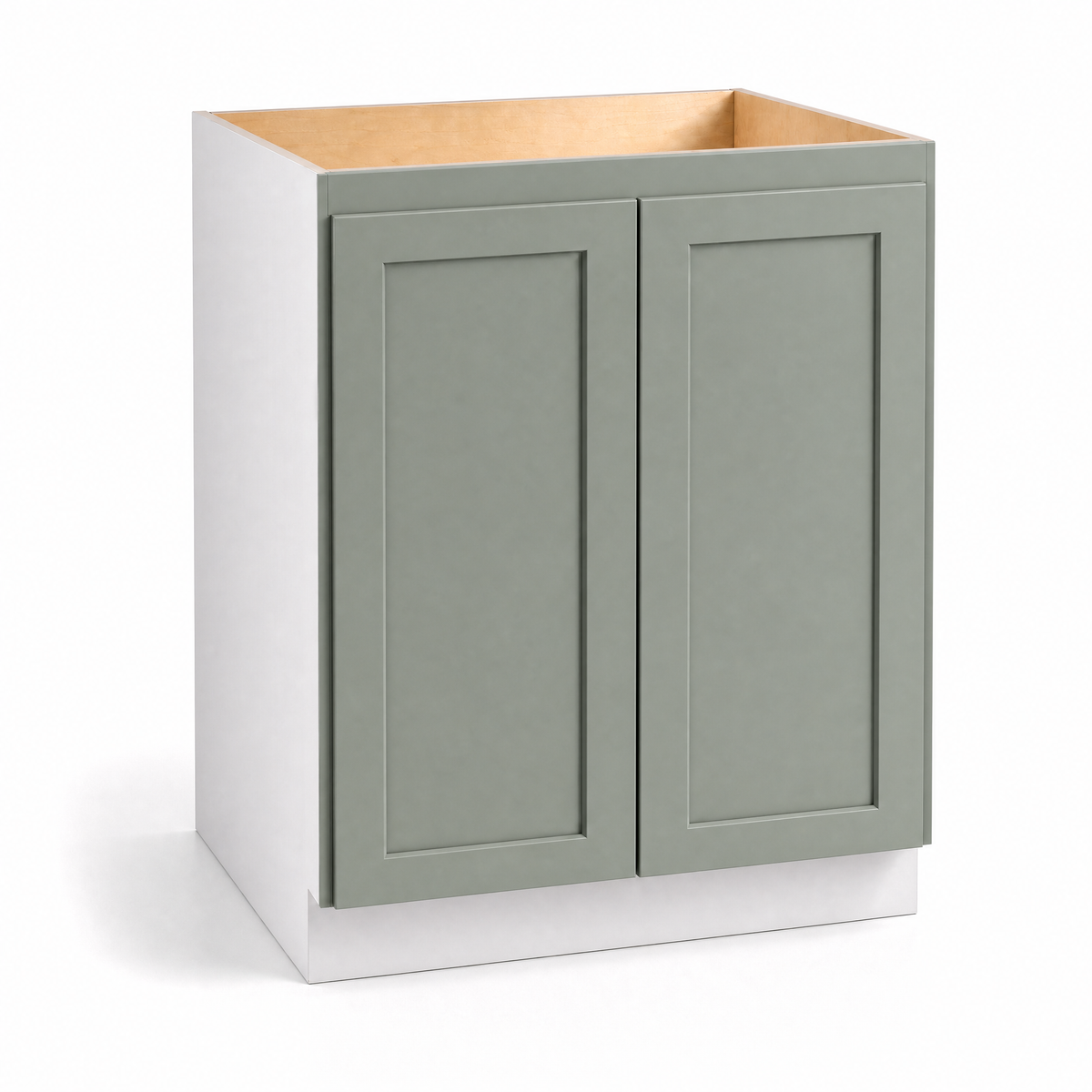 24", 27", 30", 33" & 36" Wide Full Height Door Sage Green Shaker Overlay 1-1/4"  Base Cabinet - Double Door