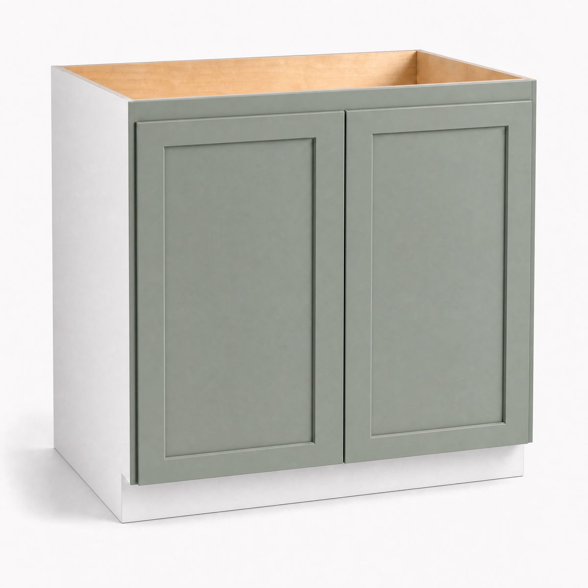 24", 27", 30", 33" & 36" Wide Full Height Door Sage Green Shaker Overlay 1-1/4"  Base Cabinet - Double Door