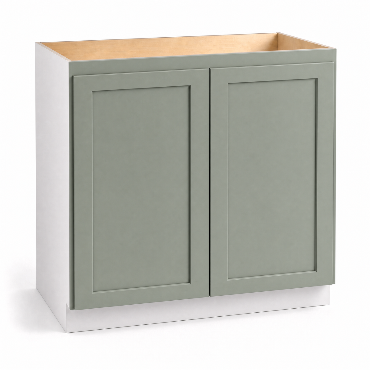 24", 27", 30", 33" & 36" Wide Full Height Door Sage Green Shaker Overlay 1-1/4"  Base Cabinet - Double Door