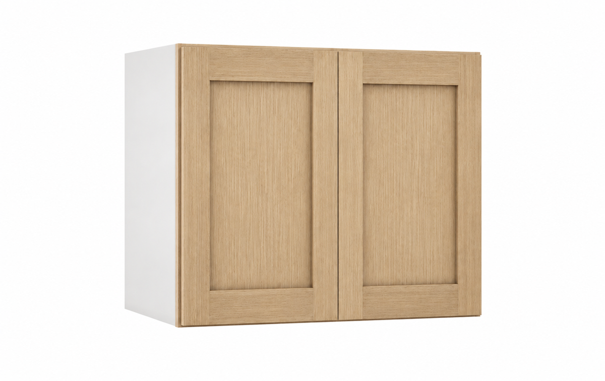 Rift Oak 30-inch-wide double-door stacker wall cabinet, 18 inches tall.