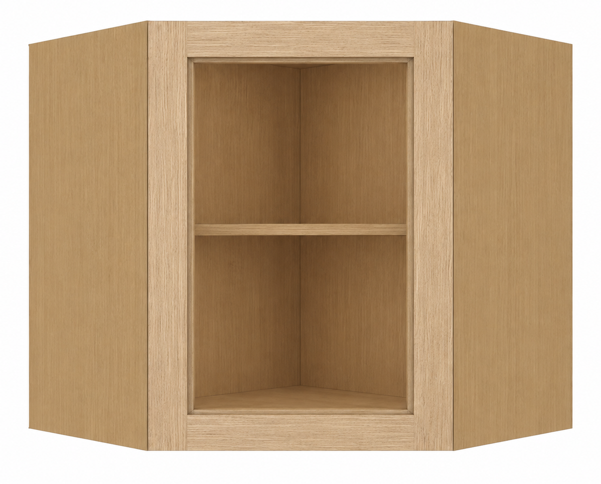 Rift Oak glass-ready diagonal corner wall cabinet in a centered product view.