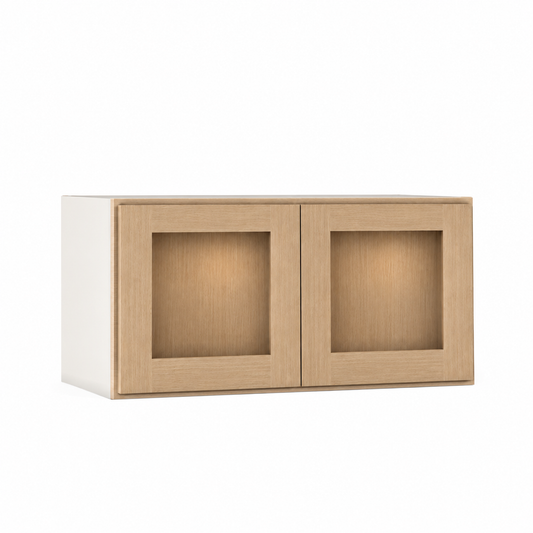 Rift 30" Tall 24″ to 36″ Widths, Two Doors, Glass Ready Wall Cabinet — Rift Oak, bi-parting Shaker doors, no center stile; Glass Ready with matching finished interior; glass not included.