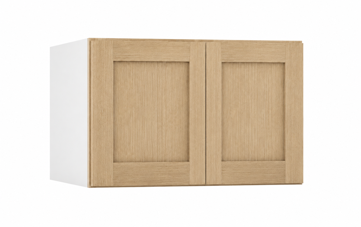 Rift Oak 30-inch-wide double-door stacker wall cabinet, 15 inches tall.