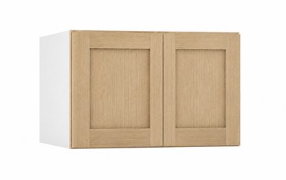 Rift Oak 30-inch-wide double-door stacker wall cabinet, 15 inches tall.