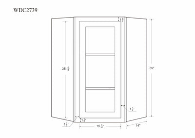 Diagonal Corner Tuscan Gray Inset Shaker Wall Cabinet - Single Door Glass 27" Wide